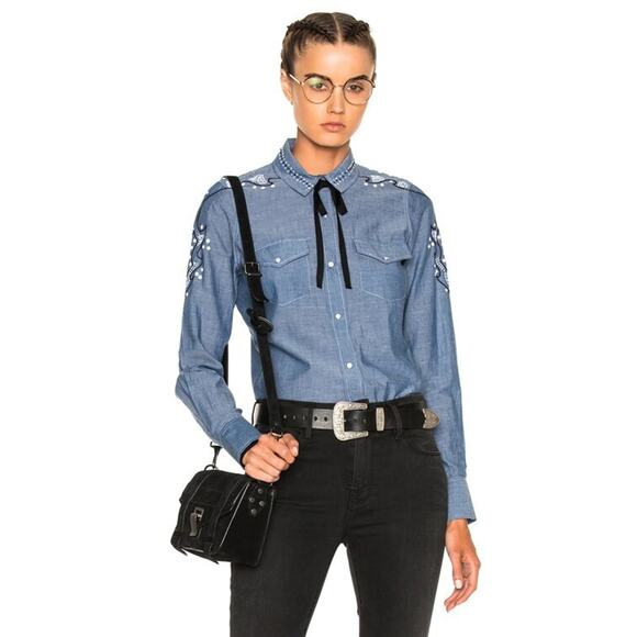 ULLA JOHNSON Willie Chambray Embroidered Western Snap Front Shirt Top 0 XS $230 - Picture 13 of 13